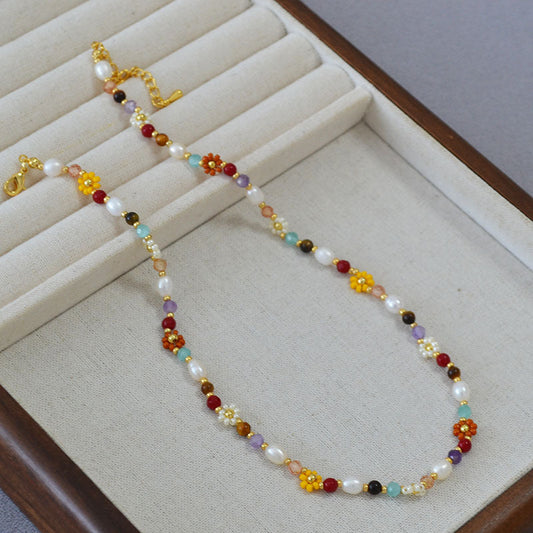 Colorful Beaded Necklace with Floral and Pearl Accents