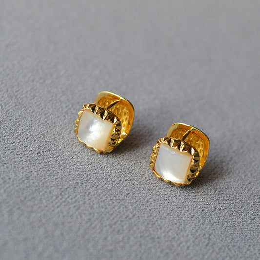 Gold Square Stud Earrings with Mother of Pearl Accent