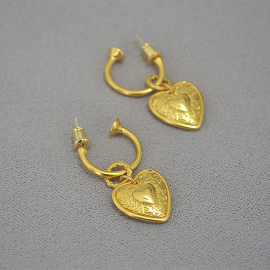 Gold-Plated Heart Charm Hoop Earrings