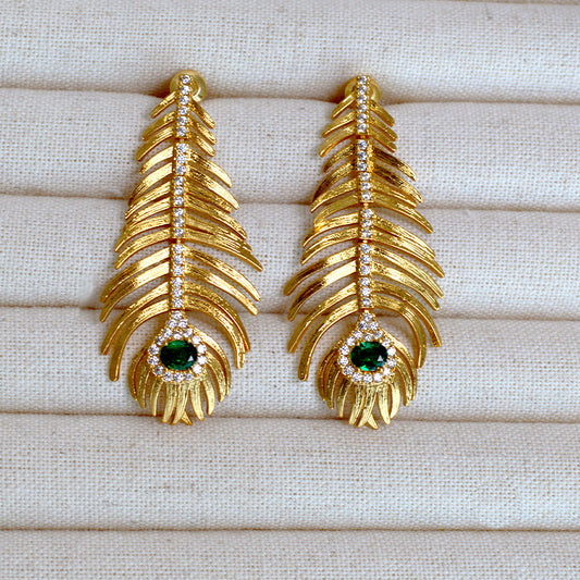 Gold Peacock Feather Design Earrings with Green Gemstone