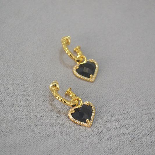 Gold Heart-Shaped Earrings with Black Gemstone and Crystal Border