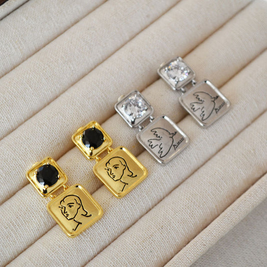 Artistic Face & Bird Design Stud Earrings