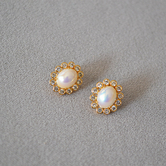 Gold-Plated Pearl Earrings with Crystal Accents