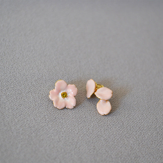 Gold-Plated Pink Enamel Flower Stud Earrings