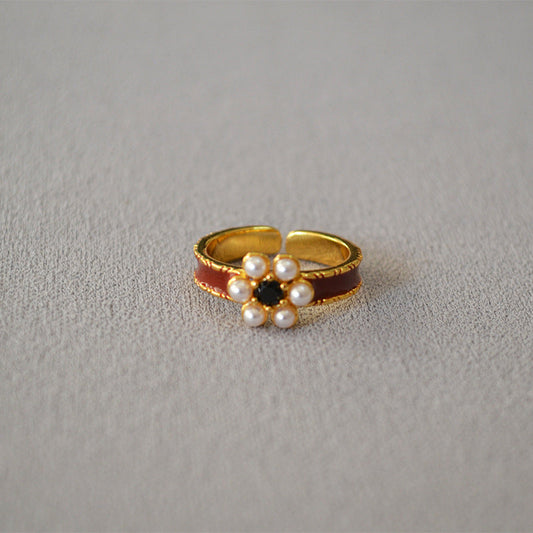 Gold-Plated Pearl Flower Adjustable Ring