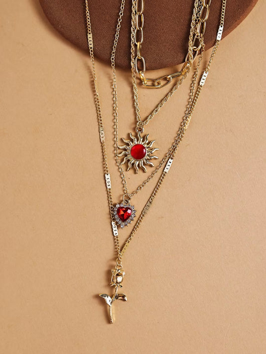 Vintage Layered Heart & Flower Necklace – Alloy Jewelry