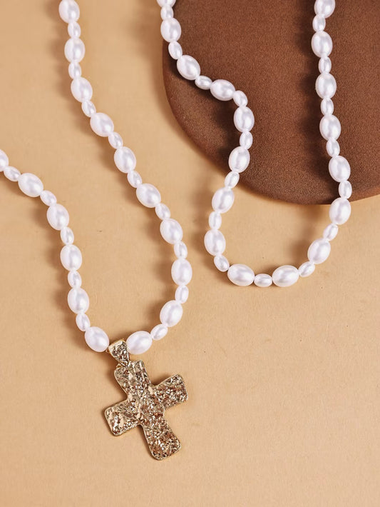 Double-Layer Cross Pendant Pearl Necklace – Elegant Layered Jewelry